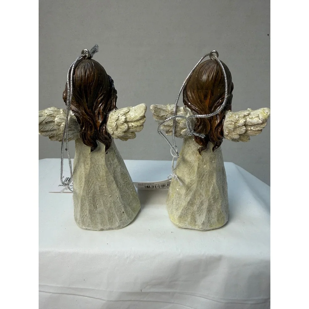 Set of 2 Christmas Angel Flower Ornaments Noel Joy Resin Figures Cream 4 Inch